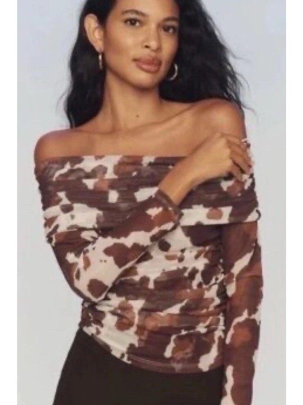 Maeve Anthropologie NWT Cow Print Mesh Ruched Off Shoulder Size XXS
